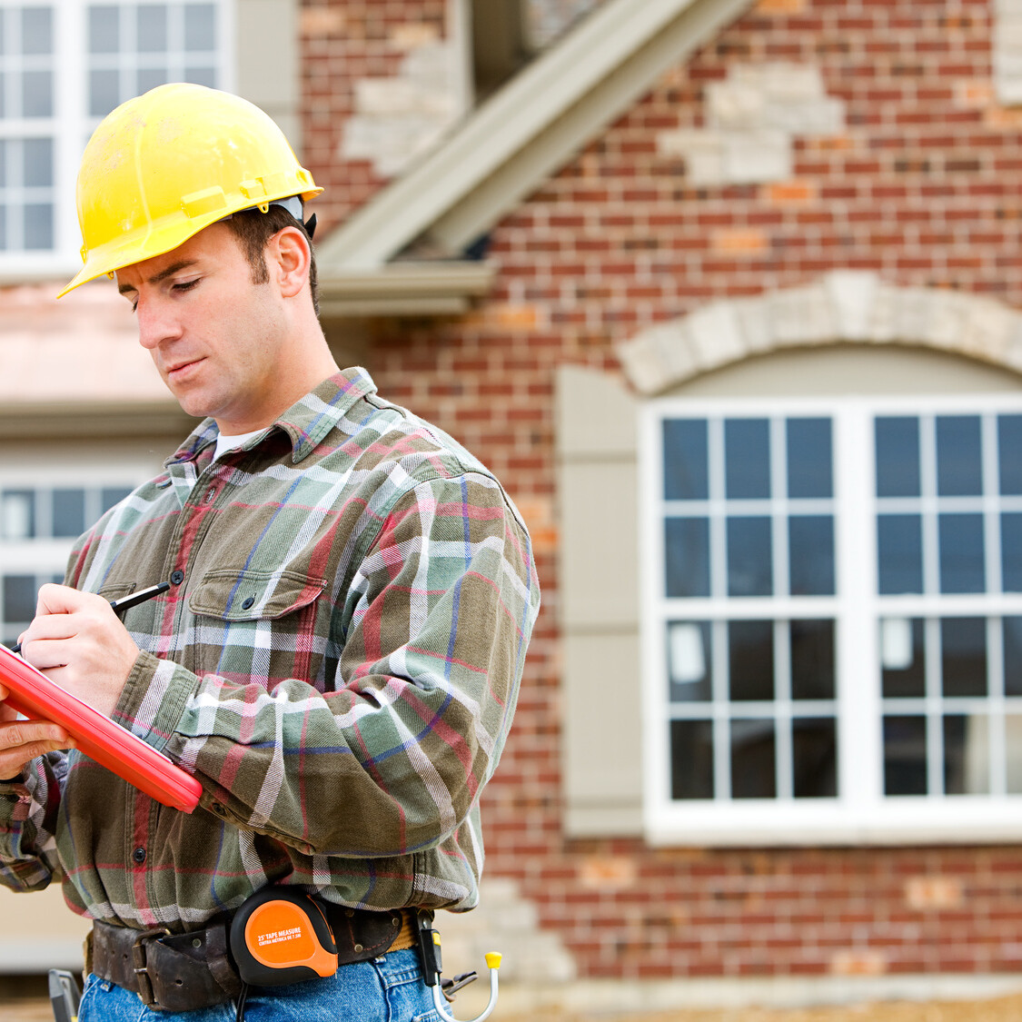 contractor making notes in front of new home