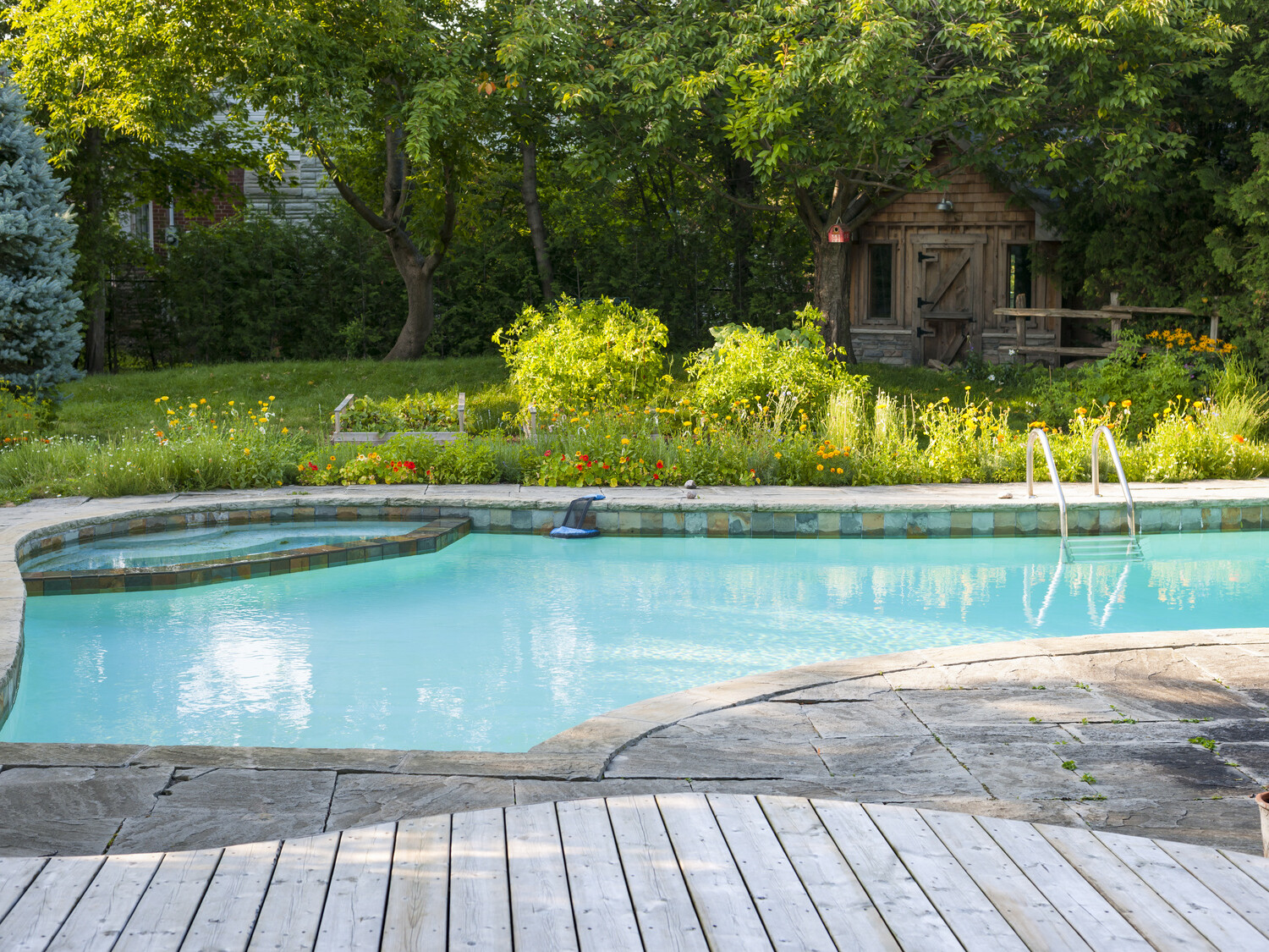 Backyard with outdoor in ground pool, garden, deck and stone patio mikula