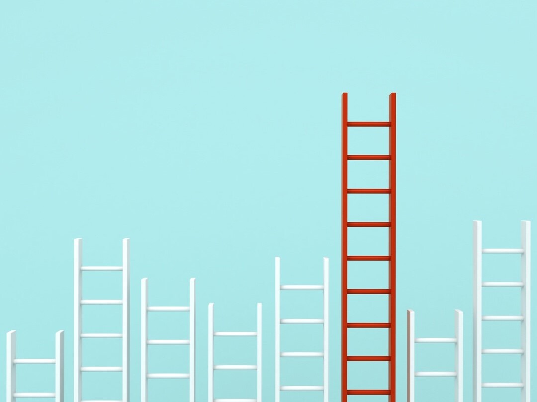 one red ladders with seven white ladders