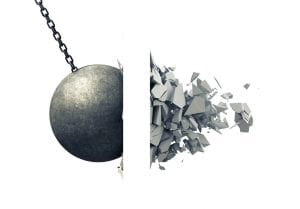 animated wrecking ball breaking wall