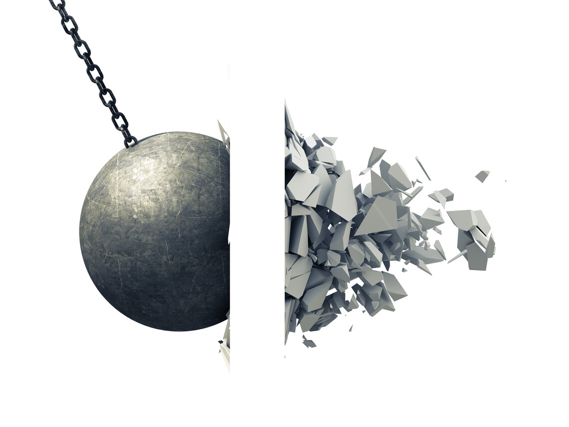 animated wrecking ball breaking wall