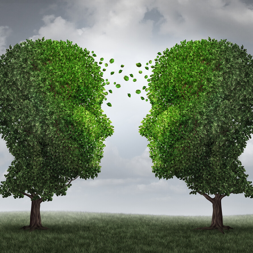 Two trees shaped like heads facing each other