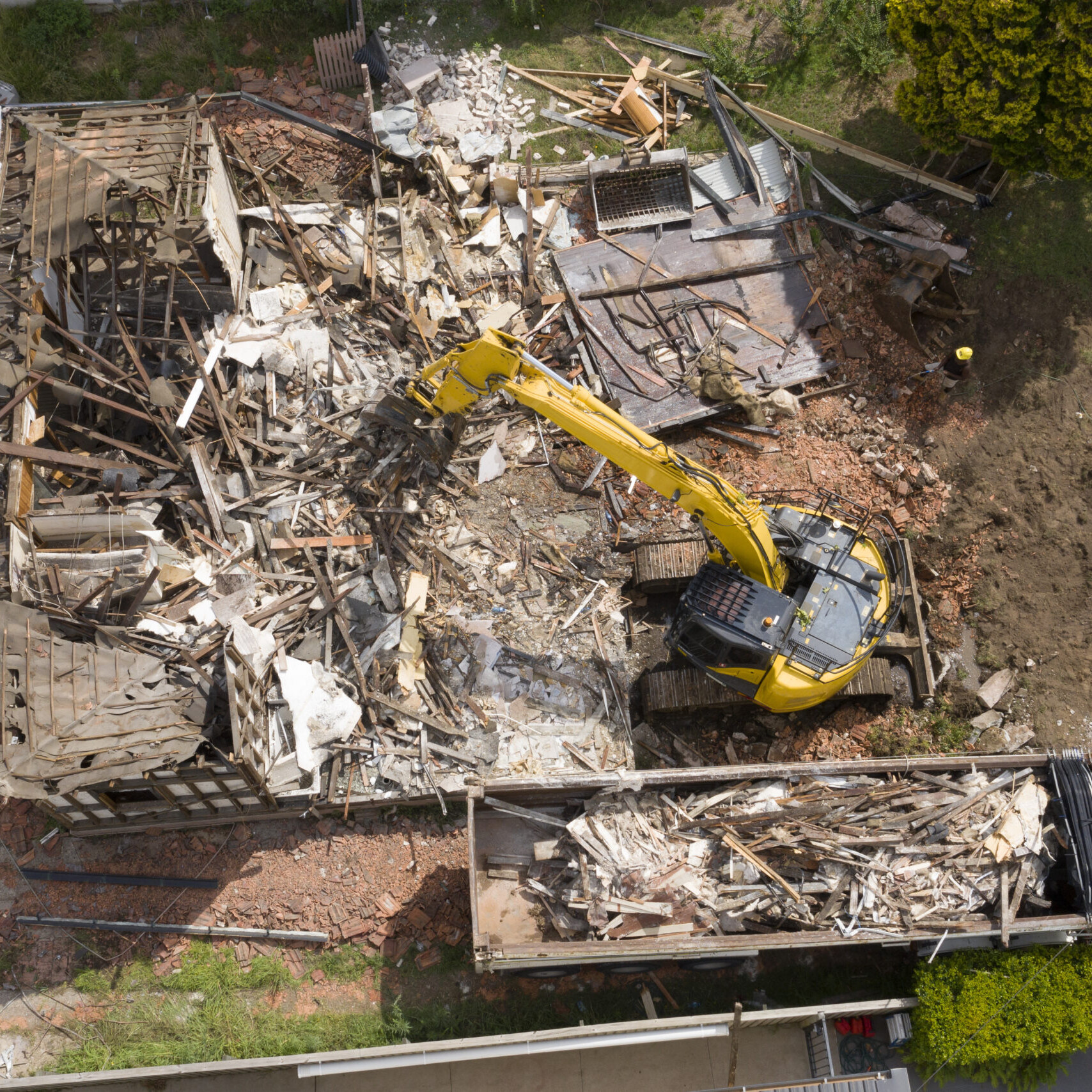 Over head view of home demolition project